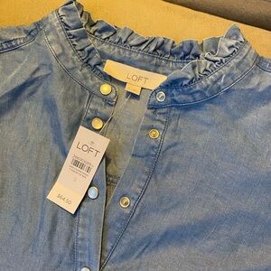 LOFT Light Blue Ruffled Button-Down Top